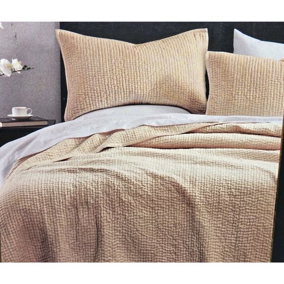 Donna Karan Home Queen / Full Quilt Hand-stitched Velvet NEW Gold Luxury Lghtwt